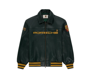 Jaqueta Aimé Leon Dore x Porsche '993 Turbo Leather Club Jacket British Racing Green' Verde – frente
