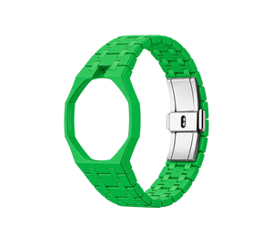 Pulseira Bioceramic para Relógio Swatch x Audemars Piguet Royal Pop – case octogonal com pulseira em bioceramic do 'Green Eight', abertura da coroa em cima (Coroa 12h), sem o relógio, em perspectiva