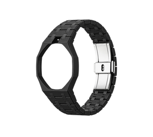 Pulseira Bioceramic para Relógio Swatch x Audemars Piguet Royal Pop – case octogonal com pulseira em bioceramic do 'Ocho Negro', abertura da coroa em cima (Coroa 12h), sem o relógio, em perspectiva