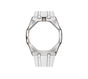 Pulseira de Aço para Relógio Swatch x Audemars Piguet Royal Pop – case em aço inoxidável prata com pulseira FKM branca, abertura da coroa em cima (Coroa 12h), sem o relógio, vista frontal