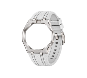 Pulseira de Aço para Relógio Swatch x Audemars Piguet Royal Pop – case em aço inoxidável prata com pulseira FKM branca, abertura da coroa em cima (Coroa 12h), sem o relógio, vista em perspectiva