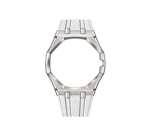 Pulseira de Aço para Relógio Swatch x Audemars Piguet Royal Pop – case em aço inoxidável prata com pulseira FKM branca, abertura da coroa na lateral (Coroa 3h), sem o relógio, vista frontal