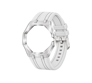 Pulseira de Aço para Relógio Swatch x Audemars Piguet Royal Pop – case em aço inoxidável prata com pulseira FKM branca, abertura da coroa na lateral (Coroa 3h), sem o relógio, vista em perspectiva
