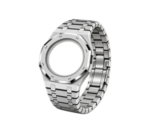 Pulseira de Aço para Relógio Swatch x Audemars Piguet Royal Pop – pulseira em aço inoxidável prata, abertura da coroa na lateral (Coroa 3h), sem o relógio, vista em perspectiva