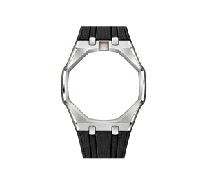 Pulseira de Aço para Relógio Swatch x Audemars Piguet Royal Pop – case em aço inoxidável prata com pulseira FKM preta, abertura da coroa em cima (Coroa 12h), sem o relógio, vista frontal