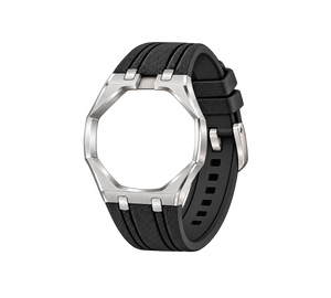 Pulseira de Aço para Relógio Swatch x Audemars Piguet Royal Pop – case em aço inoxidável prata com pulseira FKM preta, abertura da coroa em cima (Coroa 12h), sem o relógio, vista em perspectiva