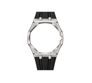 Pulseira de Aço para Relógio Swatch x Audemars Piguet Royal Pop – case em aço inoxidável prata com pulseira FKM preta, abertura da coroa na lateral (Coroa 3h), sem o relógio, vista frontal