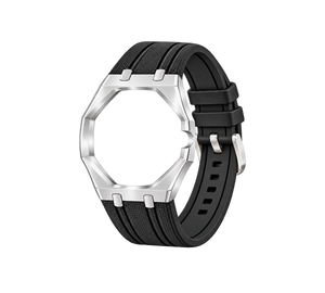 Pulseira de Aço para Relógio Swatch x Audemars Piguet Royal Pop – case em aço inoxidável prata com pulseira FKM preta, abertura da coroa na lateral (Coroa 3h), sem o relógio, vista em perspectiva