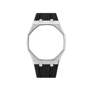 Pulseira de Aço para Relógio Swatch x Audemars Piguet Royal Pop – case em aço inoxidável prata com pulseira FKM preta, sem o relógio, vista frontal