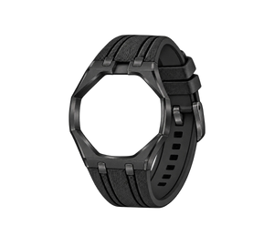 Pulseira de Aço para Relógio Swatch x Audemars Piguet Royal Pop – case em aço inoxidável preto com pulseira FKM preta, abertura da coroa em cima (Coroa 12h), sem o relógio, vista em perspectiva