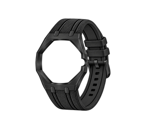 Pulseira de Aço para Relógio Swatch x Audemars Piguet Royal Pop – case em aço inoxidável preto com pulseira FKM preta, abertura da coroa na lateral (Coroa 3h), sem o relógio, vista em perspectiva