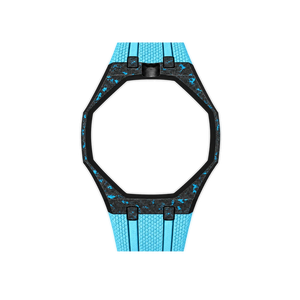 Pulseira de Carbono para Relógio Swatch x Audemars Piguet Royal Pop – case de fibra de carbono com pulseira FKM colorida do 'Blaue Acht', abertura da coroa em cima (Coroa 12h), sem o relógio, vista frontal