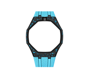 Pulseira de Carbono para Relógio Swatch x Audemars Piguet Royal Pop – case de fibra de carbono com pulseira FKM colorida do 'Blaue Acht', abertura da coroa em cima (Coroa 12h), sem o relógio, vista frontal