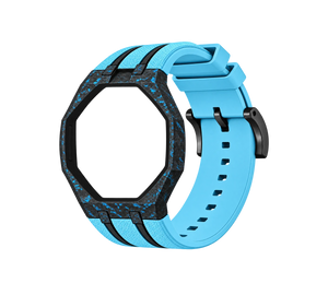 Pulseira de Carbono para Relógio Swatch x Audemars Piguet Royal Pop – case de fibra de carbono com pulseira FKM colorida do 'Blaue Acht', abertura da coroa em cima (Coroa 12h), sem o relógio, vista em perspectiva