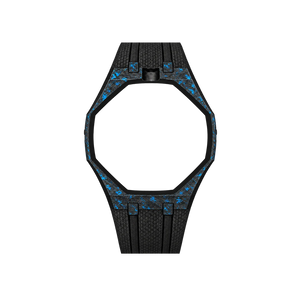 Pulseira de Carbono para Relógio Swatch x Audemars Piguet Royal Pop – case de fibra de carbono com pulseira FKM preta do 'Blaue Acht', abertura da coroa em cima (Coroa 12h), sem o relógio, vista frontal