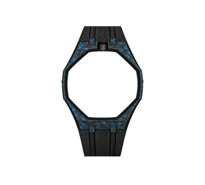 Pulseira de Carbono para Relógio Swatch x Audemars Piguet Royal Pop – case de fibra de carbono com pulseira FKM preta do 'Blaue Acht', abertura da coroa em cima (Coroa 12h), sem o relógio, vista frontal