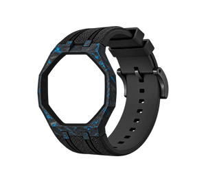 Pulseira de Carbono para Relógio Swatch x Audemars Piguet Royal Pop – case de fibra de carbono com pulseira FKM preta do 'Blaue Acht', abertura da coroa em cima (Coroa 12h), sem o relógio, vista em perspectiva