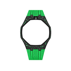 Pulseira de Carbono para Relógio Swatch x Audemars Piguet Royal Pop – case de fibra de carbono com pulseira FKM colorida do 'Green Eight', abertura da coroa em cima (Coroa 12h), sem o relógio, vista frontal
