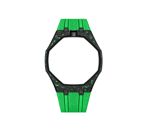 Pulseira de Carbono para Relógio Swatch x Audemars Piguet Royal Pop – case de fibra de carbono com pulseira FKM colorida do 'Green Eight', abertura da coroa em cima (Coroa 12h), sem o relógio, vista frontal
