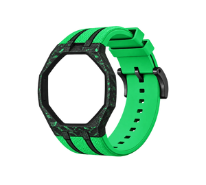 Pulseira de Carbono para Relógio Swatch x Audemars Piguet Royal Pop – case de fibra de carbono com pulseira FKM colorida do 'Green Eight', abertura da coroa em cima (Coroa 12h), sem o relógio, vista em perspectiva