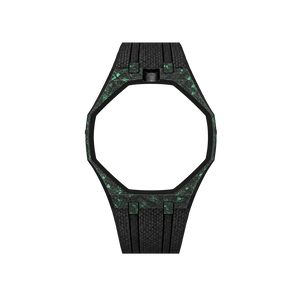 Pulseira de Carbono para Relógio Swatch x Audemars Piguet Royal Pop – case de fibra de carbono com pulseira FKM preta do 'Green Eight', abertura da coroa em cima (Coroa 12h), sem o relógio, vista frontal