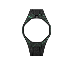 Pulseira de Carbono para Relógio Swatch x Audemars Piguet Royal Pop – case de fibra de carbono com pulseira FKM preta do 'Green Eight', abertura da coroa em cima (Coroa 12h), sem o relógio, vista frontal