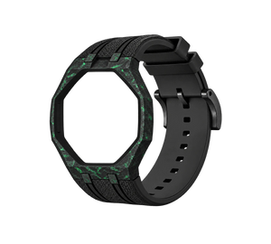 Pulseira de Carbono para Relógio Swatch x Audemars Piguet Royal Pop – case de fibra de carbono com pulseira FKM preta do 'Green Eight', abertura da coroa em cima (Coroa 12h), sem o relógio, vista em perspectiva