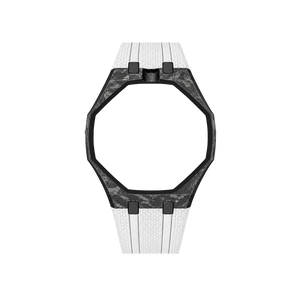 Pulseira de Carbono para Relógio Swatch x Audemars Piguet Royal Pop – case de fibra de carbono com pulseira FKM branca do 'Huit Blanc', abertura da coroa em cima (Coroa 12h), sem o relógio, vista frontal