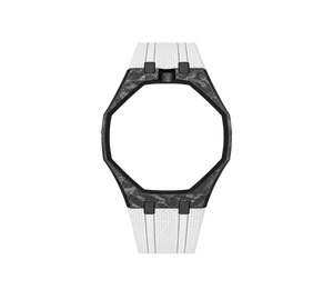 Pulseira de Carbono para Relógio Swatch x Audemars Piguet Royal Pop – case de fibra de carbono com pulseira FKM branca do 'Huit Blanc', abertura da coroa em cima (Coroa 12h), sem o relógio, vista frontal