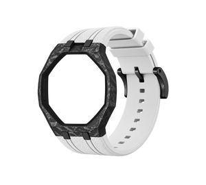 Pulseira de Carbono para Relógio Swatch x Audemars Piguet Royal Pop – case de fibra de carbono com pulseira FKM branca do 'Huit Blanc', abertura da coroa em cima (Coroa 12h), sem o relógio, vista em perspectiva