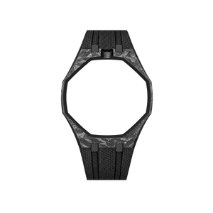 Pulseira de Carbono para Relógio Swatch x Audemars Piguet Royal Pop – case de fibra de carbono com pulseira FKM preta do 'Ocho Negro', abertura da coroa em cima (Coroa 12h), sem o relógio, vista frontal