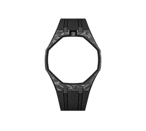 Pulseira de Carbono para Relógio Swatch x Audemars Piguet Royal Pop – case de fibra de carbono com pulseira FKM preta do 'Ocho Negro', abertura da coroa em cima (Coroa 12h), sem o relógio, vista frontal