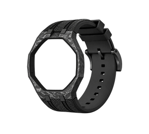 Pulseira de Carbono para Relógio Swatch x Audemars Piguet Royal Pop – case de fibra de carbono com pulseira FKM preta do 'Ocho Negro', abertura da coroa em cima (Coroa 12h), sem o relógio, vista em perspectiva