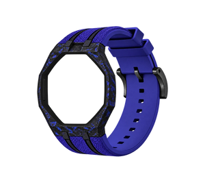 Pulseira de Carbono para Relógio Swatch x Audemars Piguet Royal Pop – case de fibra de carbono com pulseira FKM colorida do 'Orenji Hachi', abertura da coroa em cima (Coroa 12h), sem o relógio, vista em perspectiva