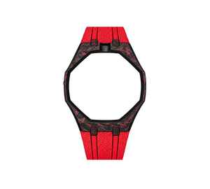 Pulseira de Carbono para Relógio Swatch x Audemars Piguet Royal Pop – case de fibra de carbono com pulseira FKM colorida do 'Otto Rosso', abertura da coroa em cima (Coroa 12h), sem o relógio, vista frontal