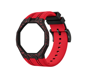 Pulseira de Carbono para Relógio Swatch x Audemars Piguet Royal Pop – case de fibra de carbono com pulseira FKM colorida do 'Otto Rosso', abertura da coroa em cima (Coroa 12h), sem o relógio, vista em perspectiva