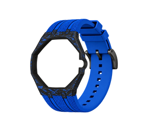 Pulseira de Carbono para Relógio Swatch x Audemars Piguet Royal Pop – case de fibra de carbono com pulseira FKM colorida do 'Savonnette Lan Ba', abertura da coroa na lateral (Coroa 3h), sem o relógio, vista em perspectiva