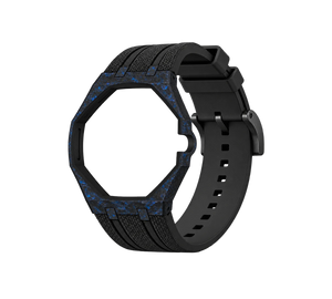 Pulseira de Carbono para Relógio Swatch x Audemars Piguet Royal Pop – case de fibra de carbono com pulseira FKM preta do 'Savonnette Lan Ba', abertura da coroa na lateral (Coroa 3h), sem o relógio, vista em perspectiva