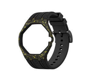 Pulseira de Carbono para Relógio Swatch x Audemars Piguet Royal Pop – case de fibra de carbono com pulseira FKM preta do 'Savonnette Otg Roz', abertura da coroa na lateral (Coroa 3h), sem o relógio, vista em perspectiva