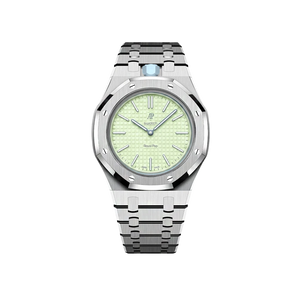 Relógio Swatch x Audemars Piguet Bioceramic Royal Pop 'Blaue Acht' Verde / Azul com Pulseira – relógio montado no case full frame com bracelete em aço inoxidável, vista frontal