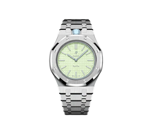Relógio Swatch x Audemars Piguet Bioceramic Royal Pop 'Blaue Acht' Verde / Azul com Pulseira – relógio montado no case full frame com bracelete em aço inoxidável, vista frontal