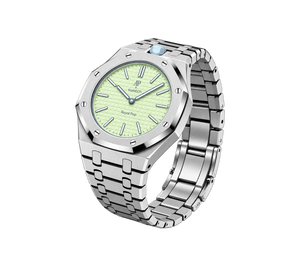Relógio Swatch x Audemars Piguet Bioceramic Royal Pop 'Blaue Acht' Verde / Azul com Pulseira – relógio montado no case full frame com bracelete em aço inoxidável, vista 3/4