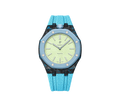 Relógio Swatch x Audemars Piguet Bioceramic Royal Pop 'Blaue Acht' Verde / Azul com Pulseira – relógio montado no case de fibra de carbono com pulseira FKM colorida, vista frontal