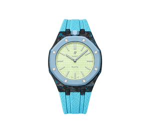 Relógio Swatch x Audemars Piguet Bioceramic Royal Pop 'Blaue Acht' Verde / Azul com Pulseira – relógio montado no case de fibra de carbono com pulseira FKM colorida, vista frontal