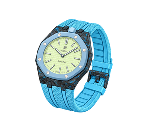 Relógio Swatch x Audemars Piguet Bioceramic Royal Pop 'Blaue Acht' Verde / Azul com Pulseira – relógio montado no case de fibra de carbono com pulseira FKM colorida, vista 3/4