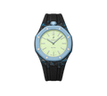 Relógio Swatch x Audemars Piguet Bioceramic Royal Pop 'Blaue Acht' Verde / Azul com Pulseira – relógio montado no case de fibra de carbono com pulseira FKM preta, vista frontal
