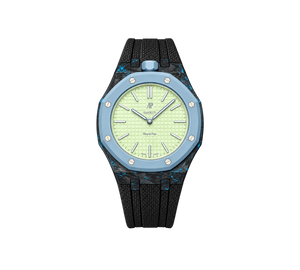 Relógio Swatch x Audemars Piguet Bioceramic Royal Pop 'Blaue Acht' Verde / Azul com Pulseira – relógio montado no case de fibra de carbono com pulseira FKM preta, vista frontal