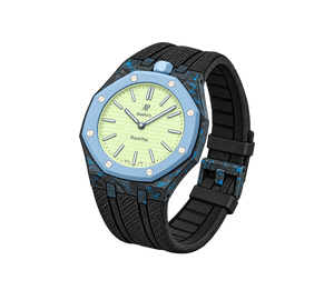 Relógio Swatch x Audemars Piguet Bioceramic Royal Pop 'Blaue Acht' Verde / Azul com Pulseira – relógio montado no case de fibra de carbono com pulseira FKM preta, vista 3/4