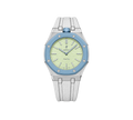 Relógio Swatch x Audemars Piguet Bioceramic Royal Pop 'Blaue Acht' Verde / Azul com Pulseira – relógio montado no case em aço inoxidável prata com pulseira FKM branca, vista frontal