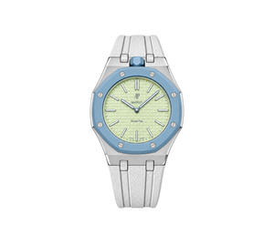 Relógio Swatch x Audemars Piguet Bioceramic Royal Pop 'Blaue Acht' Verde / Azul com Pulseira – relógio montado no case em aço inoxidável prata com pulseira FKM branca, vista frontal